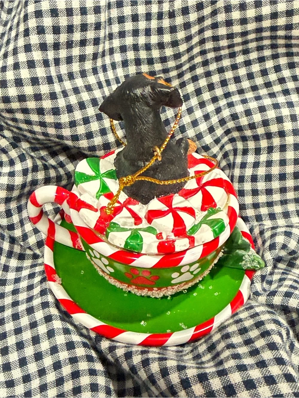 Danbury Mint Black and Brown Dachshund in Red, White and Green Teacup Ornament